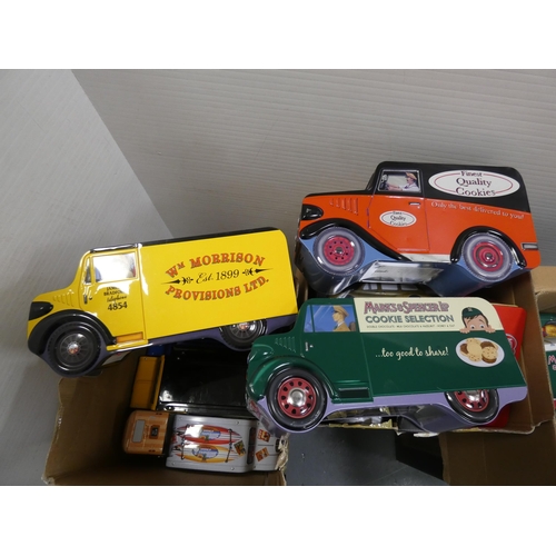 154 - Three cartons containing a large collection of chocolate and biscuit tins, mostly in the form of car... 