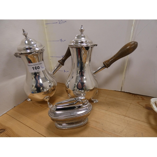 160 - EP coffee pot and a similar water pot and cover, both with turned wood handles, table lighter, Conti... 