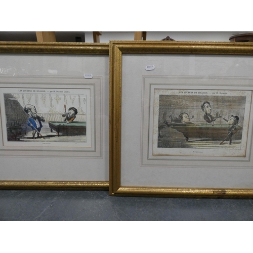 166 - Near-set of eight French humorous billiards-related titled prints, all later framed and glazed.