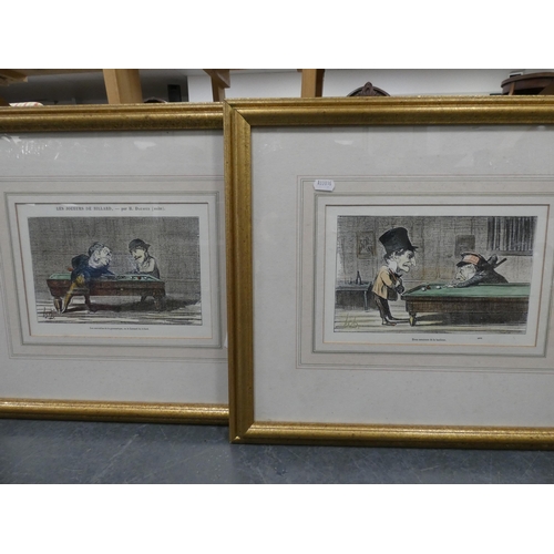 166 - Near-set of eight French humorous billiards-related titled prints, all later framed and glazed.