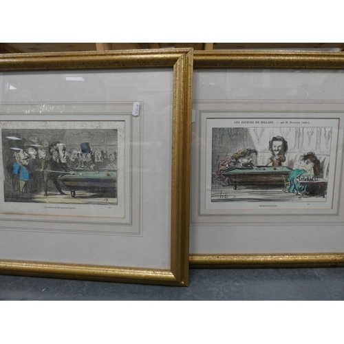 166 - Near-set of eight French humorous billiards-related titled prints, all later framed and glazed.