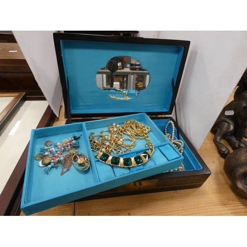 171 - Indian-style wooden casket and a Japanese-themed jewellery box containing costume jewellery.