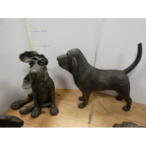 173 - Group of three contemporary resin dog figures to include an example by Frith Sculpture, also a metal... 