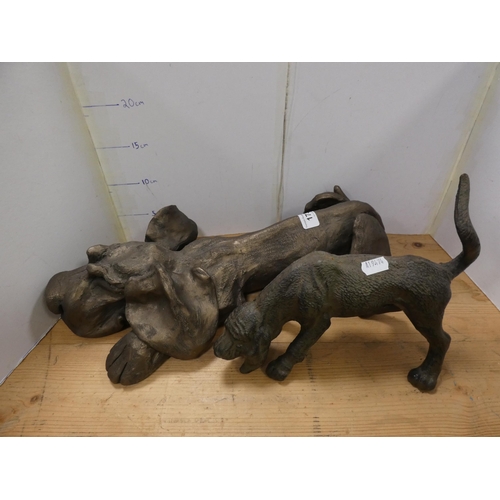 173 - Group of three contemporary resin dog figures to include an example by Frith Sculpture, also a metal... 