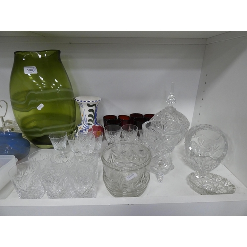 190 - Glassware to include large green glass vase, ruby-coloured wine glasses, various cut glass, also tea... 