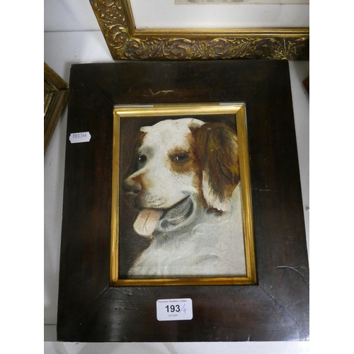 193 - Dog-related pictures to include an oil on board, pencil sketch and two prints (one shelf).  (4)