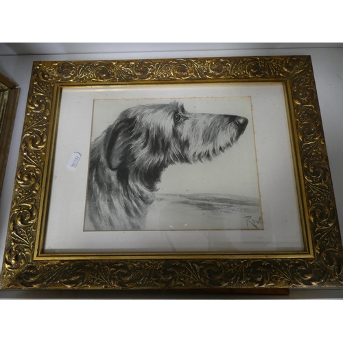 193 - Dog-related pictures to include an oil on board, pencil sketch and two prints (one shelf).  (4)