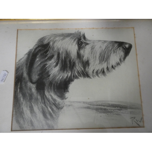 193 - Dog-related pictures to include an oil on board, pencil sketch and two prints (one shelf).  (4)