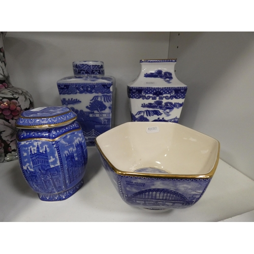 194 - Rington's blue bowl, chinoiserie tea canister, chinoiserie vase, studio pottery vases, jug, and a pa... 