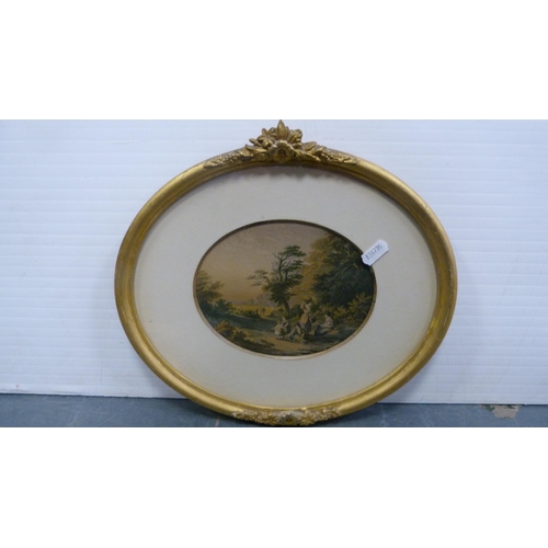 198 - Group of four gilt-framed oval prints to include a dog portrait, modern embroideries etc.  (7)