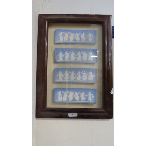 2 - Four Adams-style Jasper ware plaques depicting entwined classical females enclosed in a rosewood fra... 