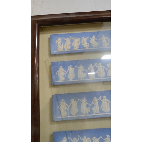 2 - Four Adams-style Jasper ware plaques depicting entwined classical females enclosed in a rosewood fra... 