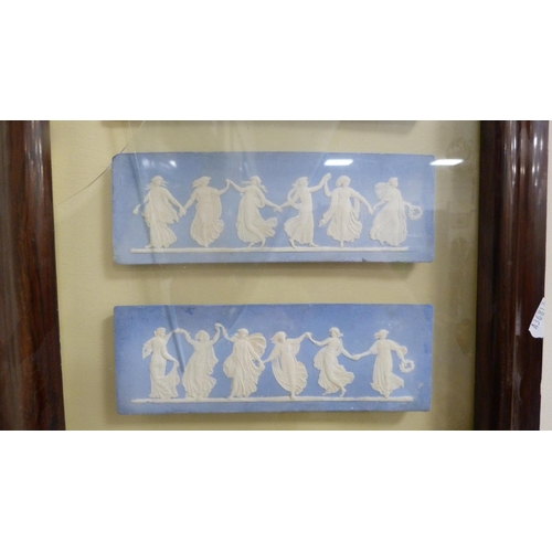 2 - Four Adams-style Jasper ware plaques depicting entwined classical females enclosed in a rosewood fra... 