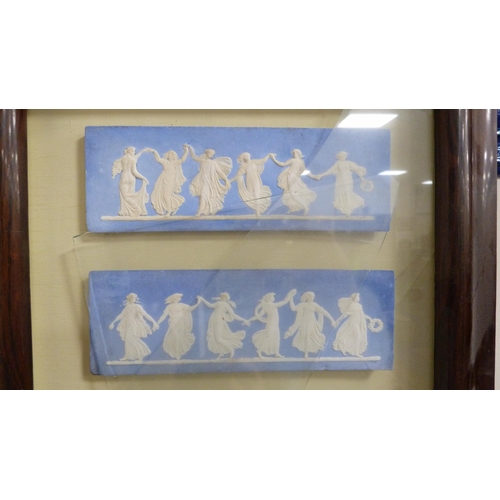 2 - Four Adams-style Jasper ware plaques depicting entwined classical females enclosed in a rosewood fra... 