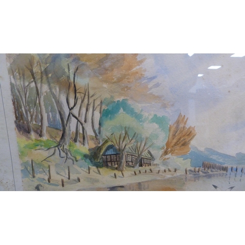 200 - Beach scene with trees, signed indistinctly, watercolour.