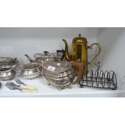 207 - EP and plated wares to include three-piece gadrooned tea set, teapot, brass and copper pot, entrée d... 