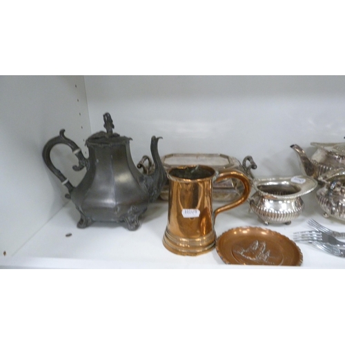 207 - EP and plated wares to include three-piece gadrooned tea set, teapot, brass and copper pot, entrée d... 