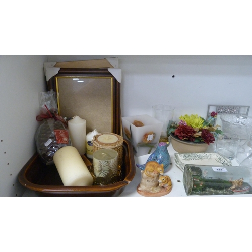 223 - Ship in a bottle, glassware, mantel clock, candles etc (one shelf).