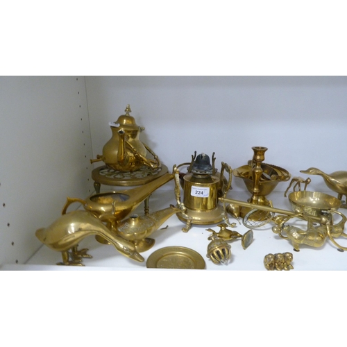 224 - Brassware to include Indian-themed examples, ornaments, beaker, teapots, cruisie lamps, lion figure,... 