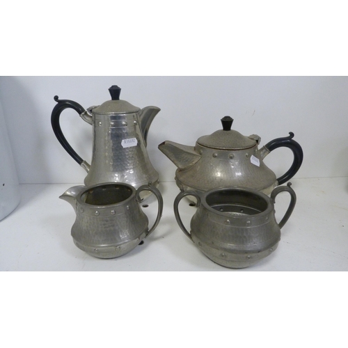 234 - Five pieces of Picquot ware, hammered pewter four-piece tea set, Spong & Co mincer, another minc... 