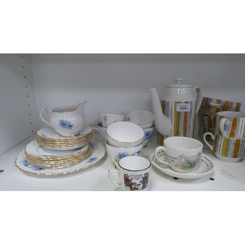 235 - Midwinter part tea set, Colclough part tea set, Wedgwood Etruria cup and saucer, and another cup (on... 