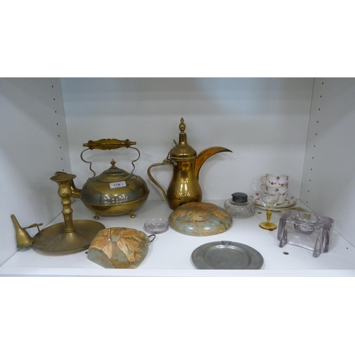 248 - Brass toddy kettle with amber-style glass handle, candlestick, Indian-style pot, inkwell, pewter dis... 