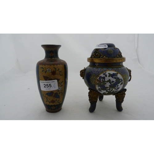 255 - Antique Japanese cloisonné vase and a Chinese-style cloisonné and gilt metal censer (l... 