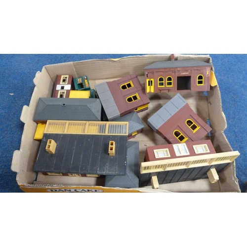 27 - Six cartons containing various model railway scale buildings, track, accessories etc.