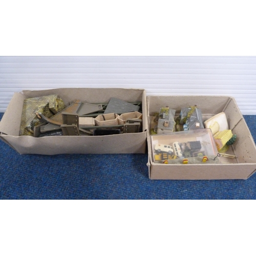 27 - Six cartons containing various model railway scale buildings, track, accessories etc.