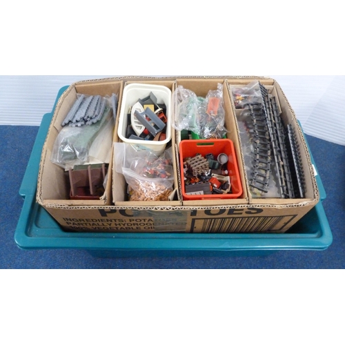 27 - Six cartons containing various model railway scale buildings, track, accessories etc.