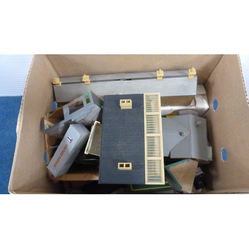 27 - Six cartons containing various model railway scale buildings, track, accessories etc.