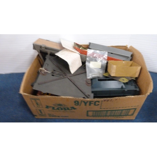 27 - Six cartons containing various model railway scale buildings, track, accessories etc.