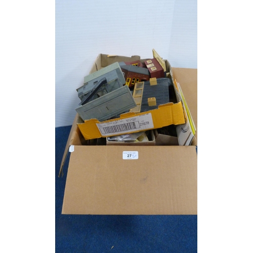 27 - Six cartons containing various model railway scale buildings, track, accessories etc.