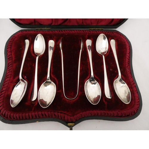 277 - Set of six silver teaspoons and tongs, hallmarks for Charles Barnard & Son, Sheffield, in fitted... 