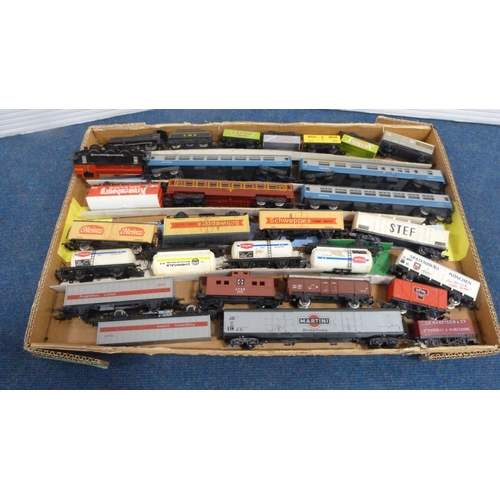 29 - Two cartons containing a collection of tankers, coaches, locomotive and tender, some boxed examples,... 