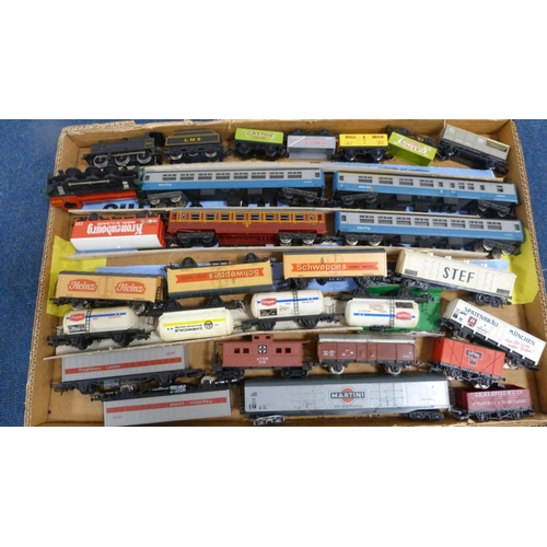 29 - Two cartons containing a collection of tankers, coaches, locomotive and tender, some boxed examples,... 