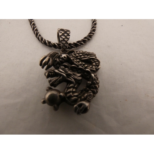 292 - Silver (925) pendant in the form of a dragon on a silver (925) chain, 31g gross.