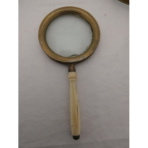 310 - Three brass-mounted magnifying glasses, one with a bone handle.