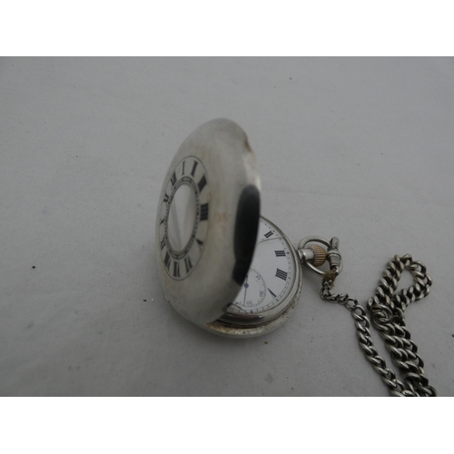 326 - Antique silver half hunter pocket watch, monogrammed to the reverse, on a silver curb link watch gua... 