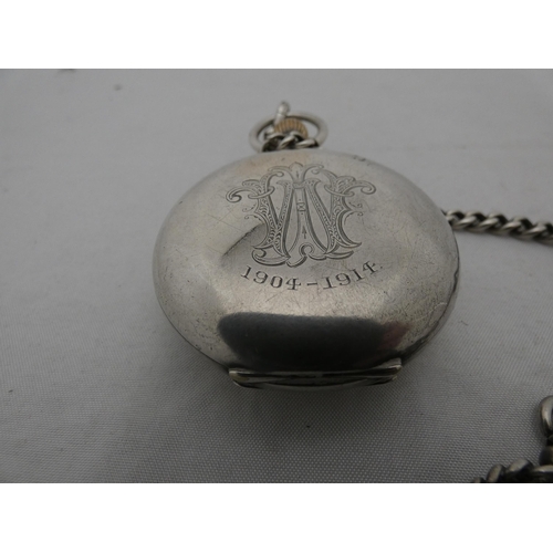 326 - Antique silver half hunter pocket watch, monogrammed to the reverse, on a silver curb link watch gua... 