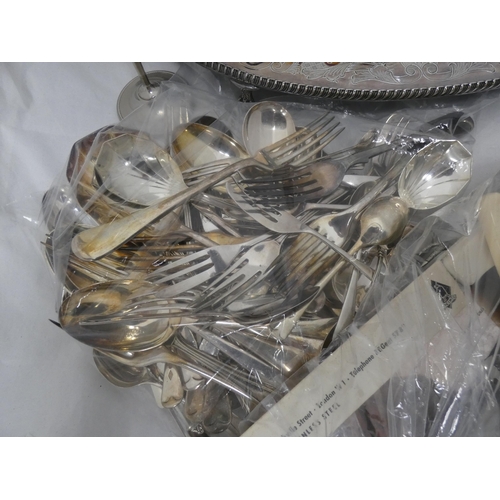 332 - Quantity of EP and plated ware to include a quantity of cutlery and flatware, galleried tray etc.