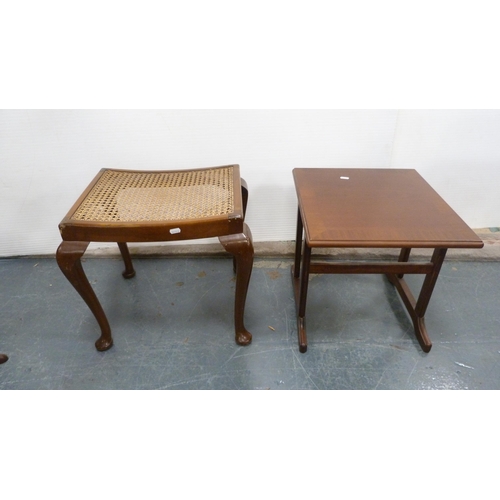 387 - Two mahogany wine tables, table originally from a nest of tables, cane-top dressing stool and a need... 