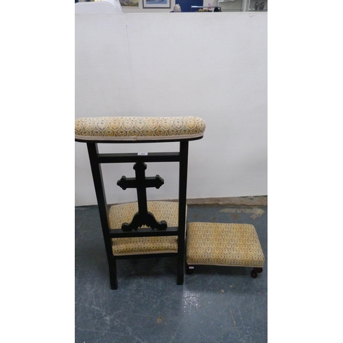 388 - Antique ebonised prayer chair, the back rest decorated with a cross, with later upholstered seat, an... 