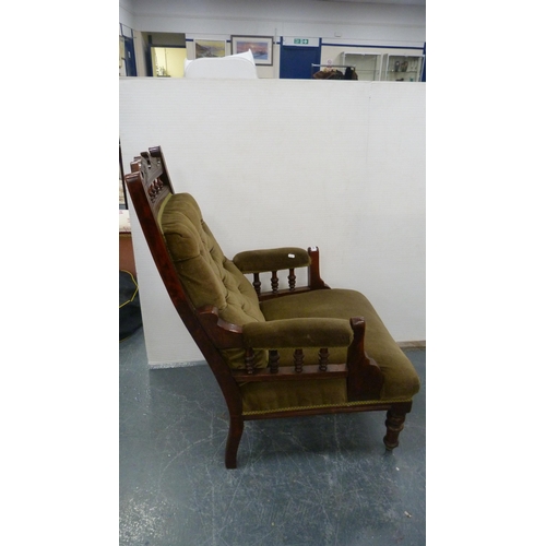 391 - Early 20th century stained wood parlour armchair upholstered in later stuff-over green velour.