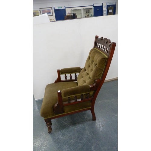 391 - Early 20th century stained wood parlour armchair upholstered in later stuff-over green velour.