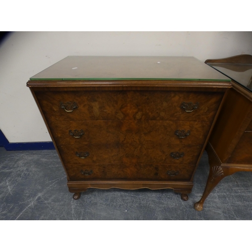 413 - Walnut composite three-piece bedroom suite, wardrobe retailed by Andrew Thomson & Sons of Glasgo... 