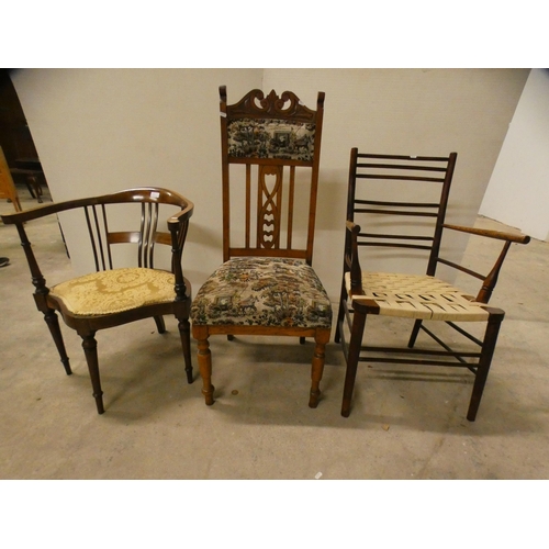 461 - Inlaid mahogany bow-back corner chair, a ladder-back elbow chair and an oak single dining chair.&nbs... 