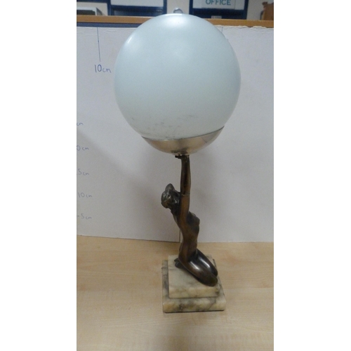 48 - Art Deco-style bronzed table lamp in the form of a kneeling nude female holding a spherical shade, o... 