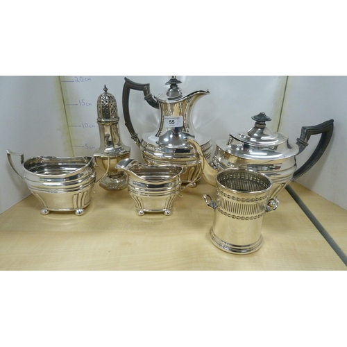 55 - Walker & Hall EP four-piece tea set, EP sugar sifter, holder, butter knives and other EP tablewa... 