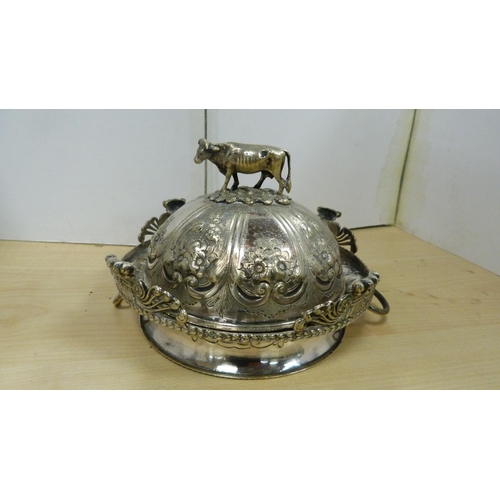 61 - Antique EP waiter, monogrammed, and an antique EP butter dish with cow surmount and later insert.&nb... 